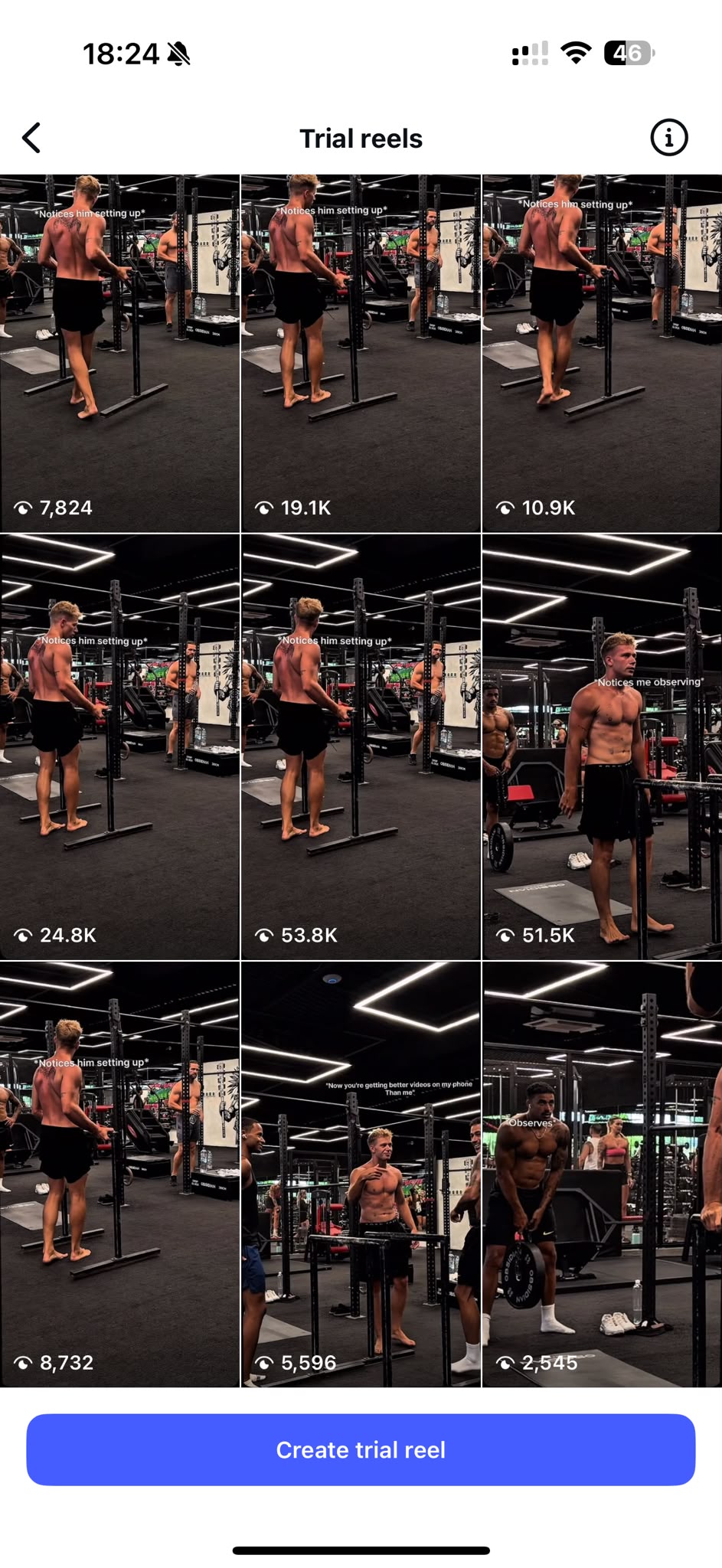 Trial reels grid: views from 2,545 up to 53.8K on the same clip